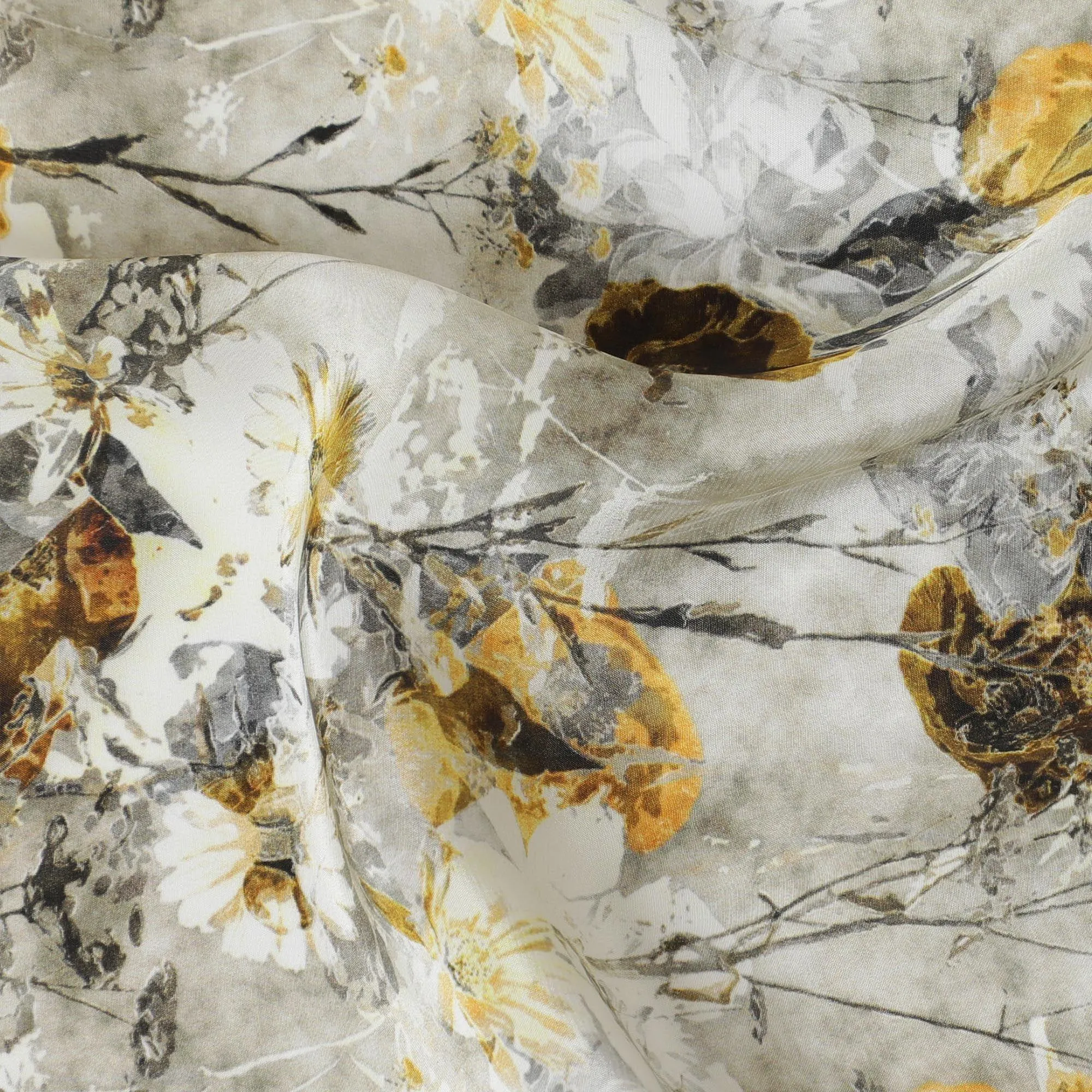 Off white viscose fabric with grey, mustard and dark olive print in floral design-D12262