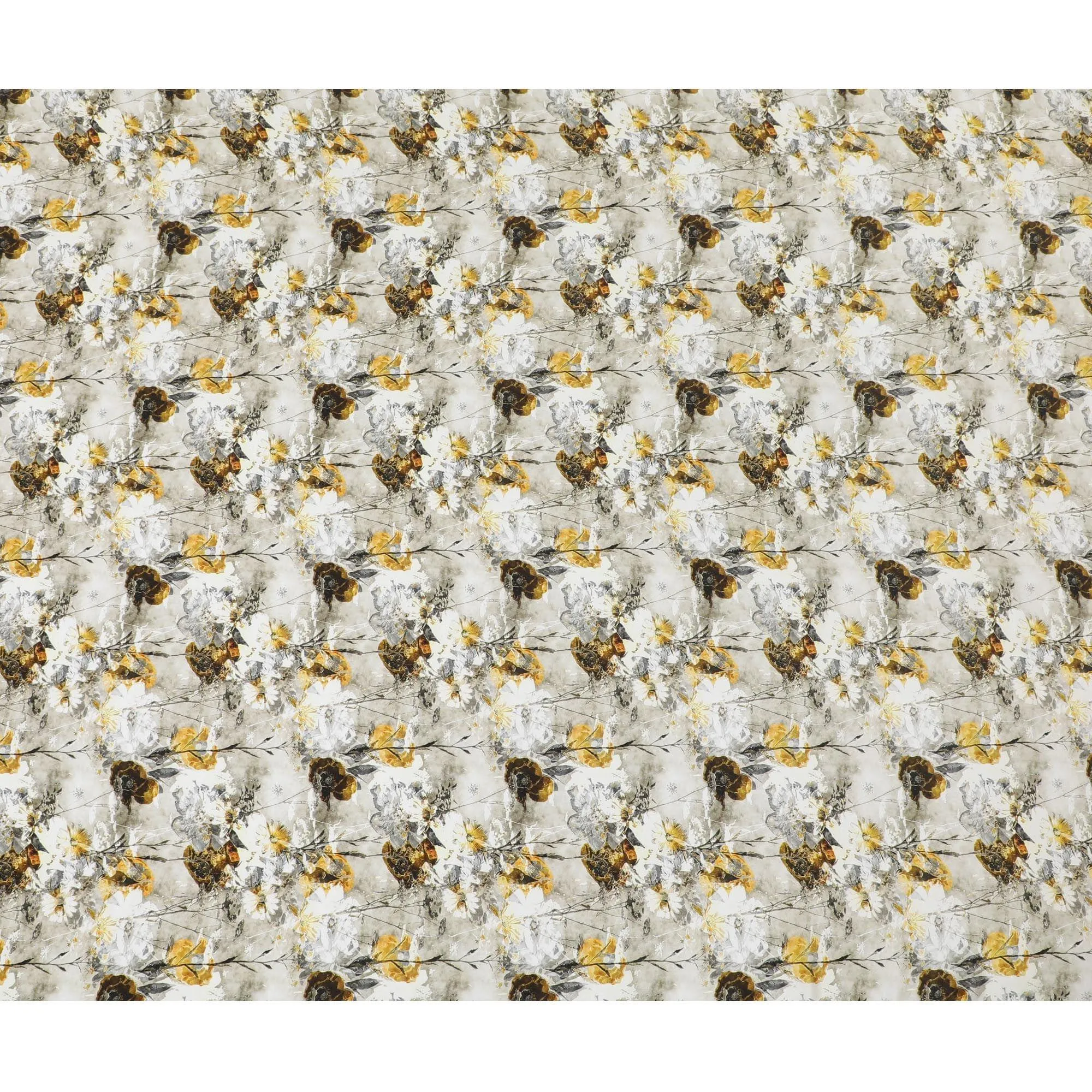 Off white viscose fabric with grey, mustard and dark olive print in floral design-D12262