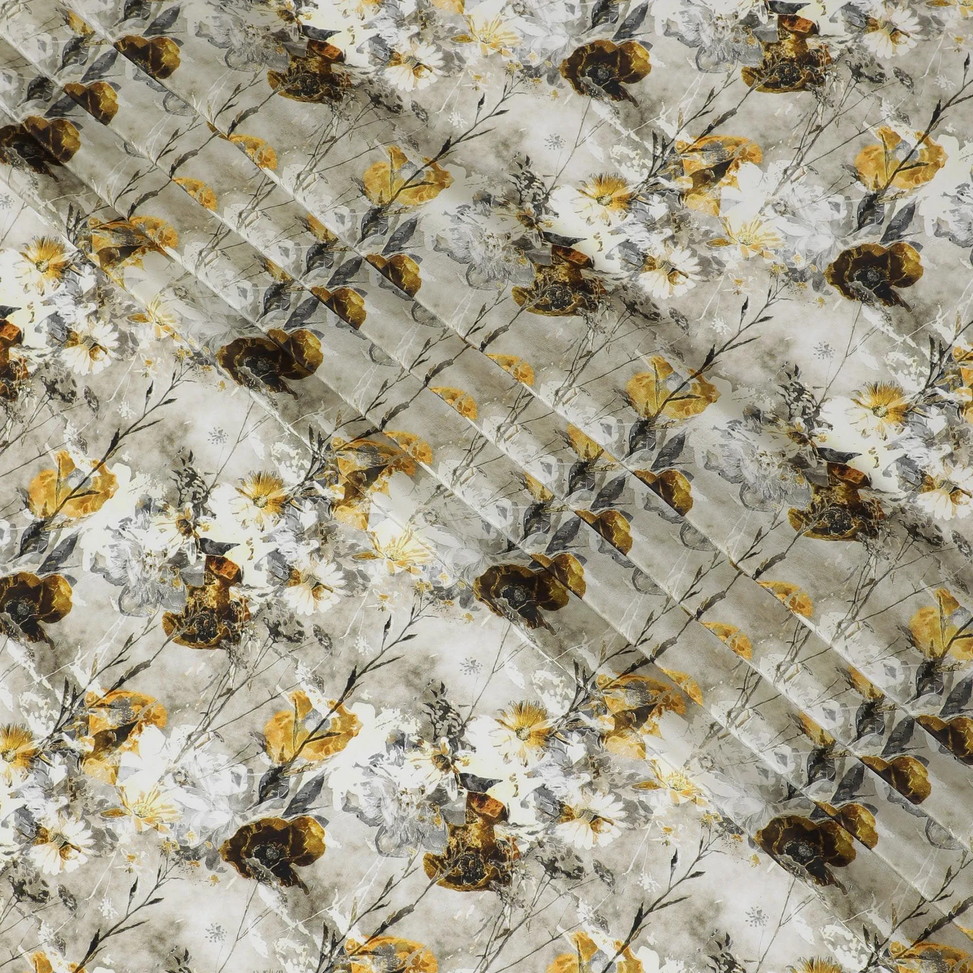 Off white viscose fabric with grey, mustard and dark olive print in floral design-D12262