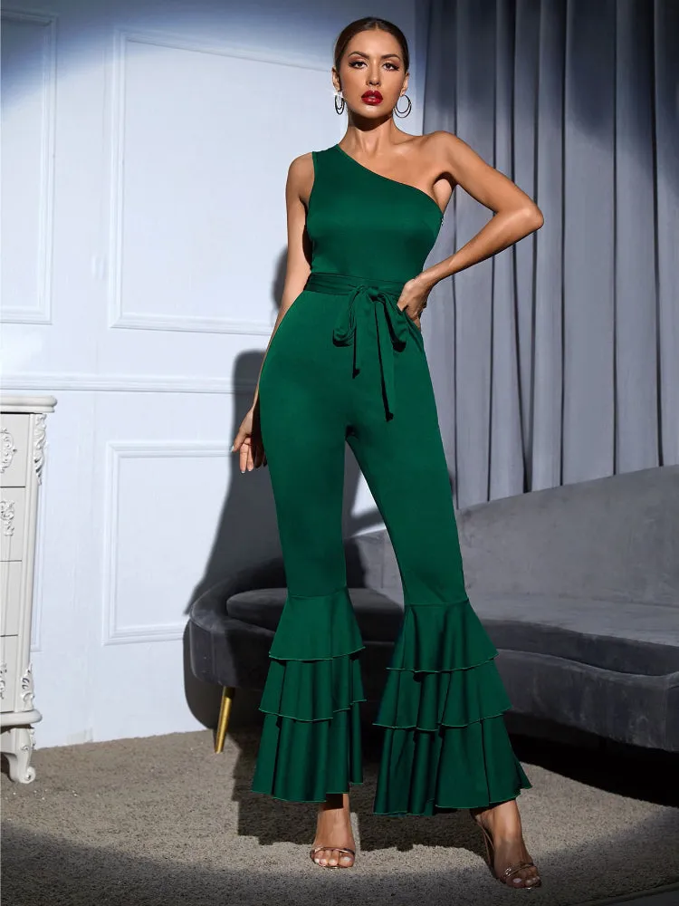 One Shoulder Green Ruffle Layered Wide Leg Jumpsuit