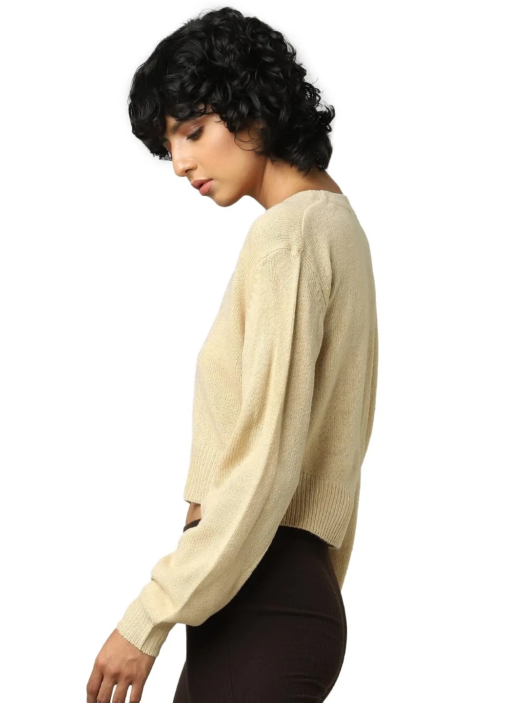 ONLY Women's Acrylic V-Neck Sweater (Warm Sand)