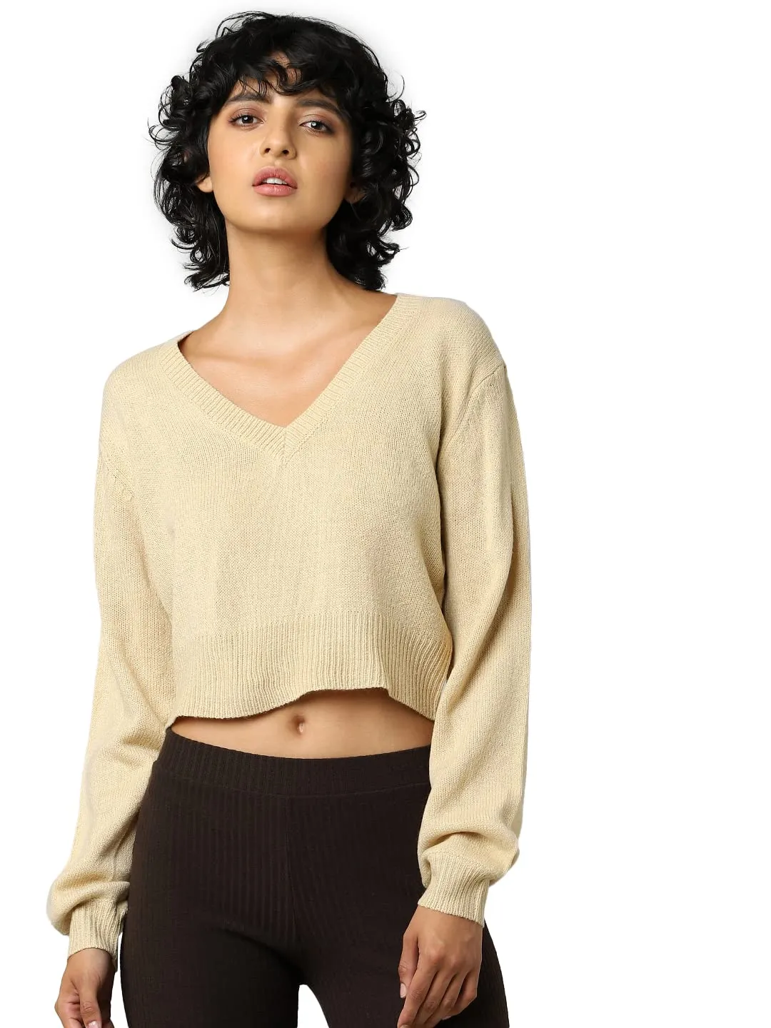 ONLY Women's Acrylic V-Neck Sweater (Warm Sand)