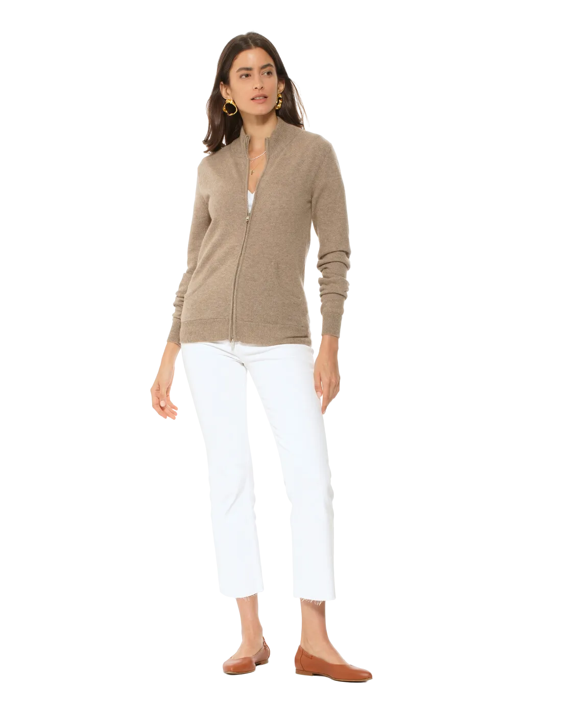 Oprah Daily - Women's Cashmere Zip Cardigan Brown