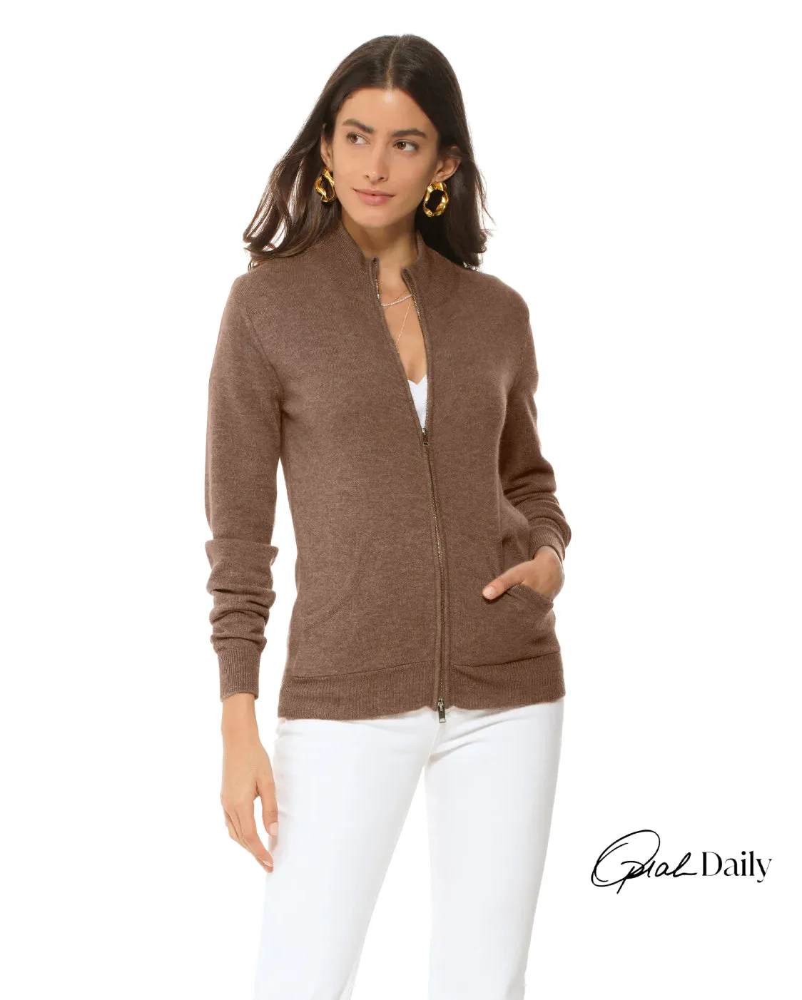 Oprah Daily - Women's Cashmere Zip Cardigan Brown