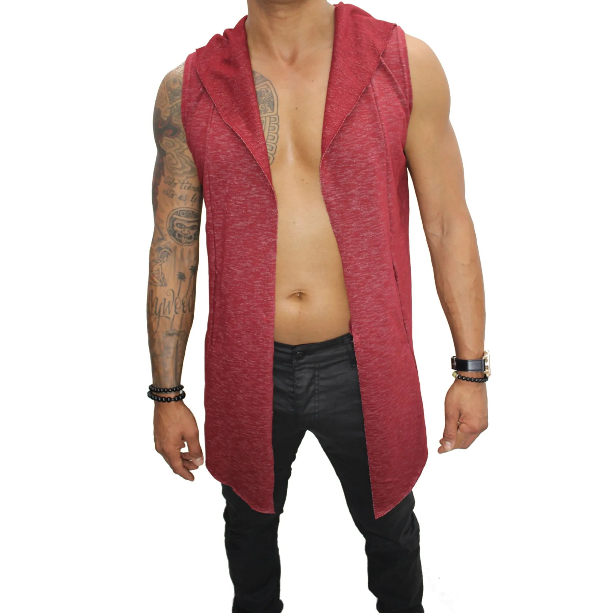 Orion Red Sleeveless Long Cardigan w/Hoodie