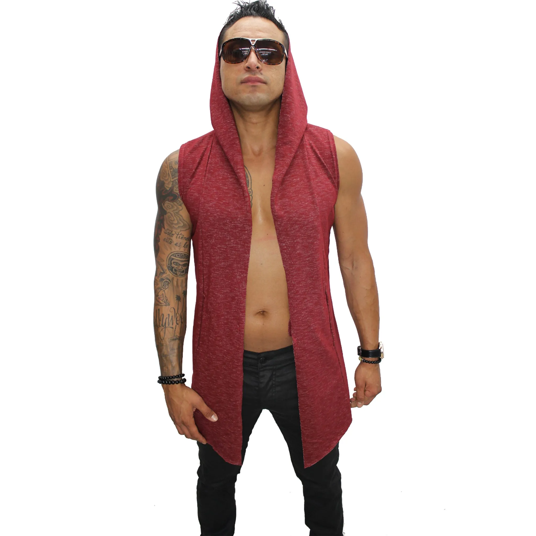 Orion Red Sleeveless Long Cardigan w/Hoodie