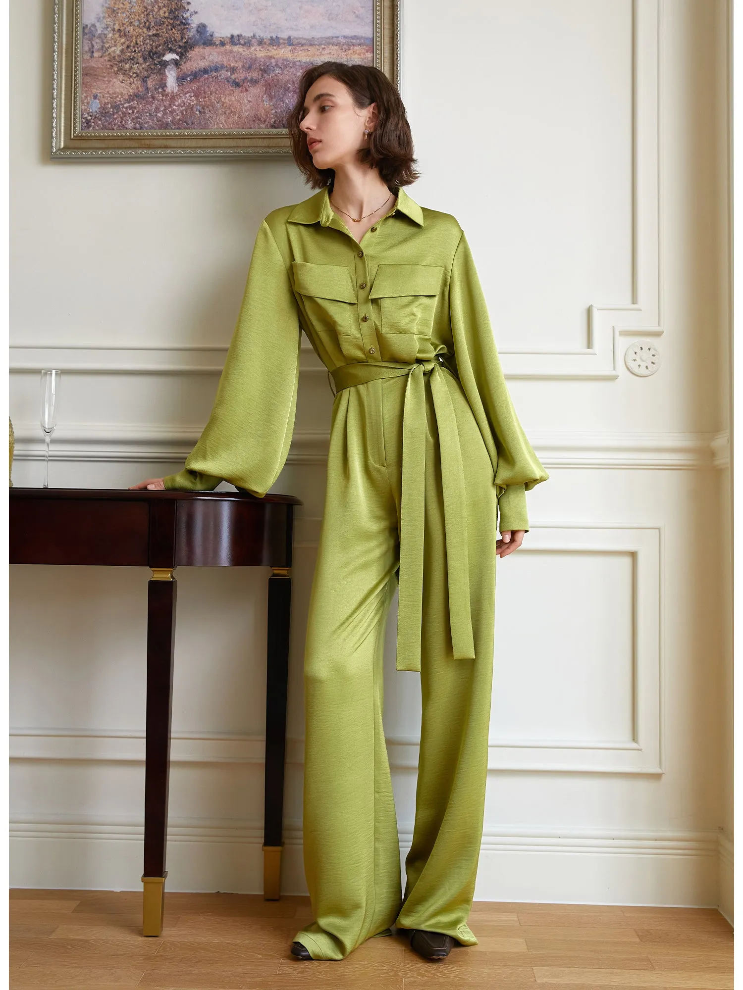 Palace Green Waist Sleeve Belt High Waist Jumpsuit- Miga