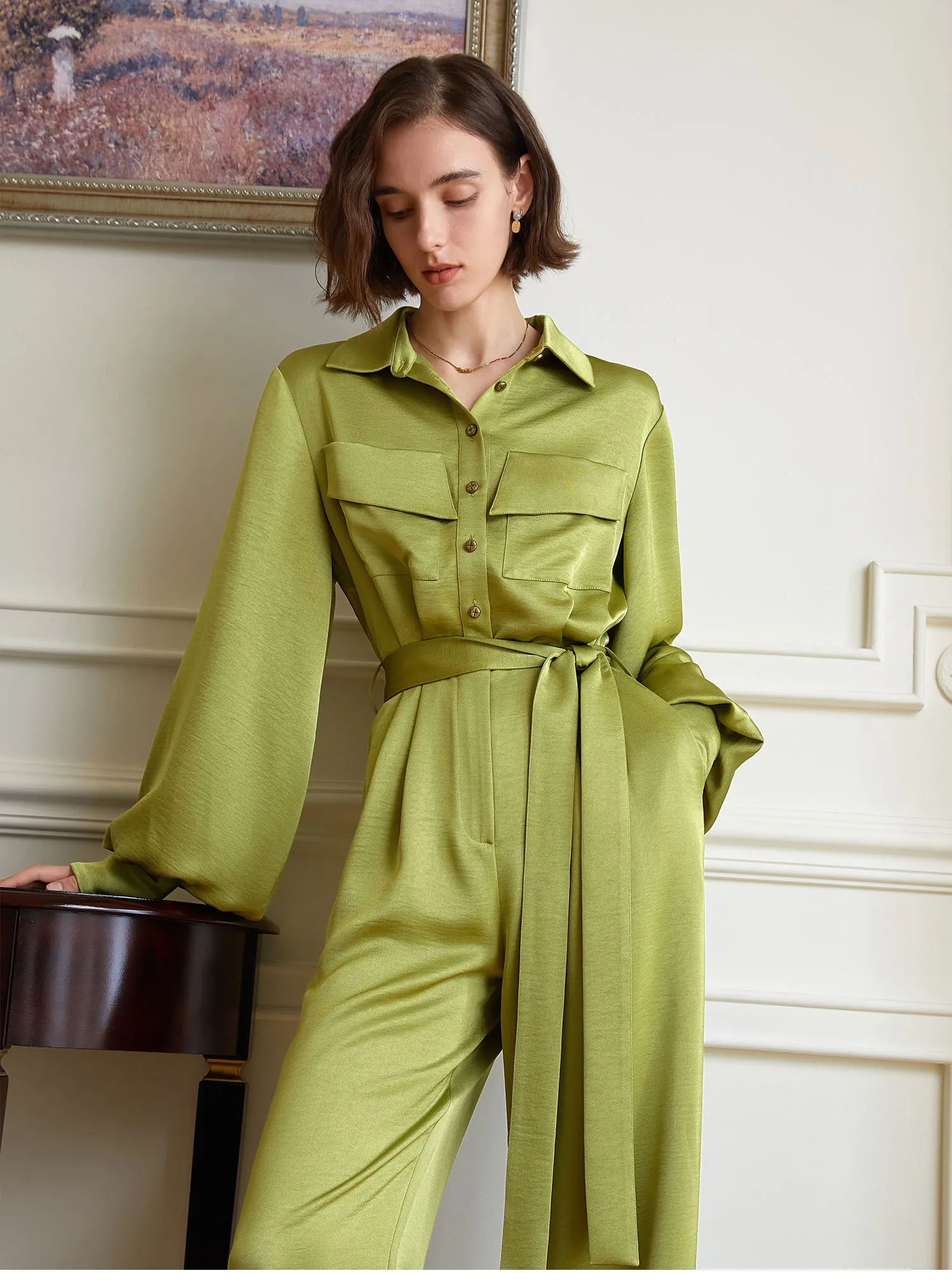 Palace Green Waist Sleeve Belt High Waist Jumpsuit- Miga