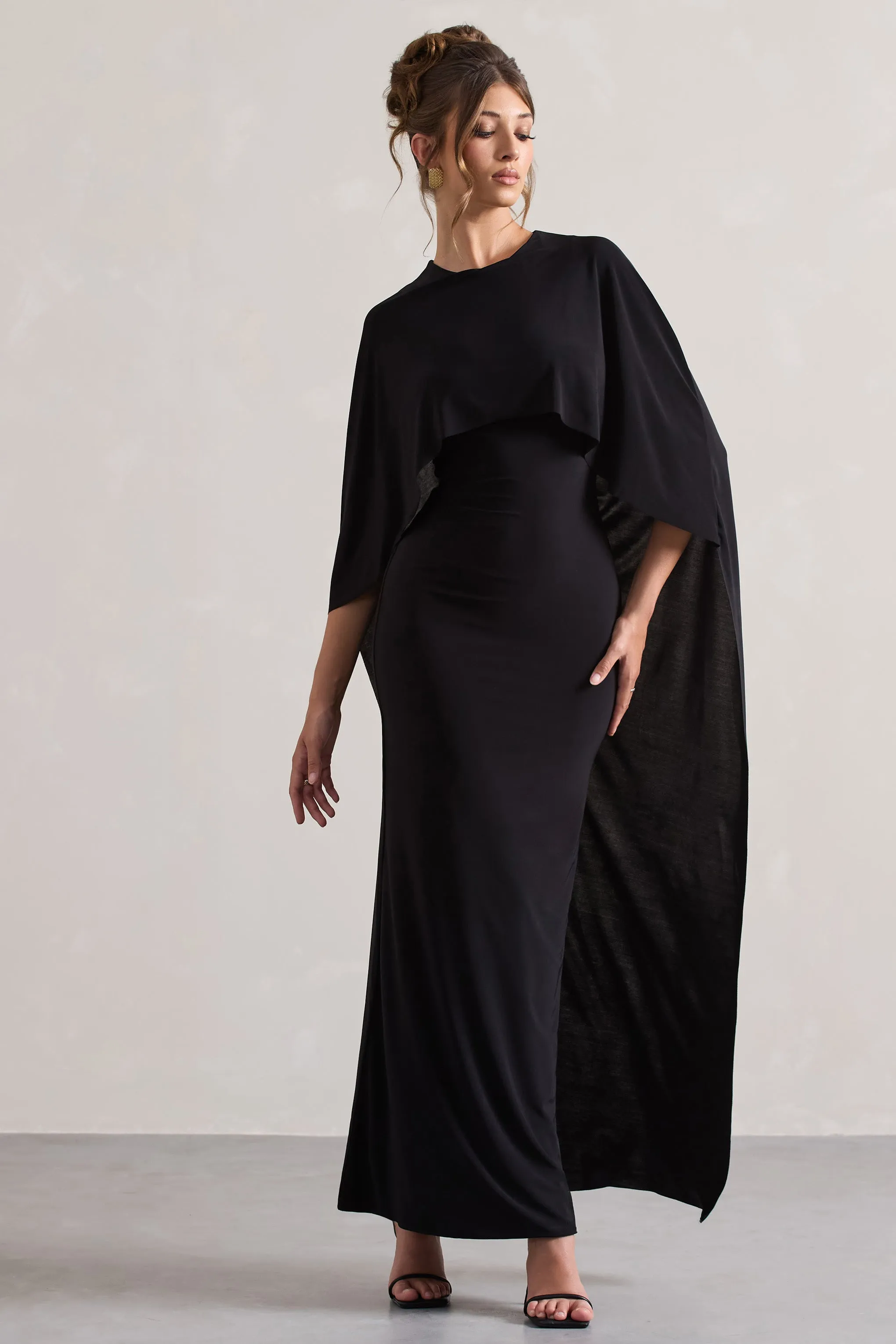 Palena | Black Draped Maxi Dress With Cape Sleeves