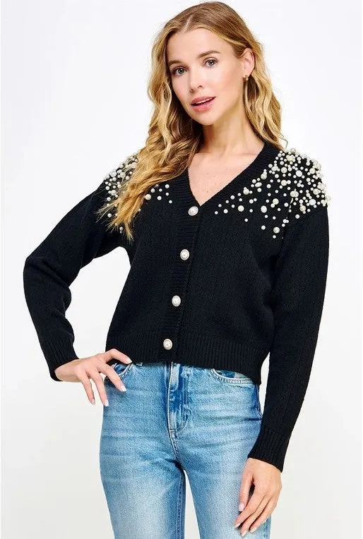 Pearl Studded Eyelet Knit Cardigan