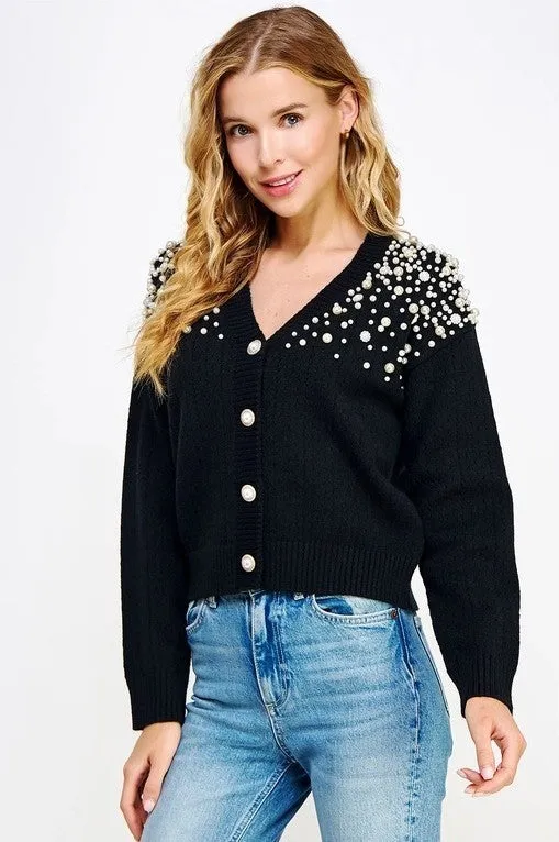 Pearl Studded Eyelet Knit Cardigan