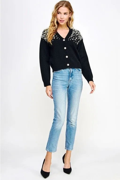 Pearl Studded Eyelet Knit Cardigan