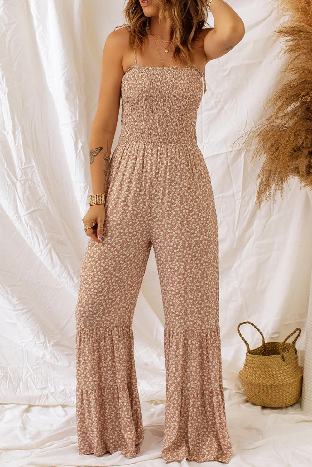 Phalaenopsis Floral Thin Straps Smocked Bodice Wide Leg Jumpsuit