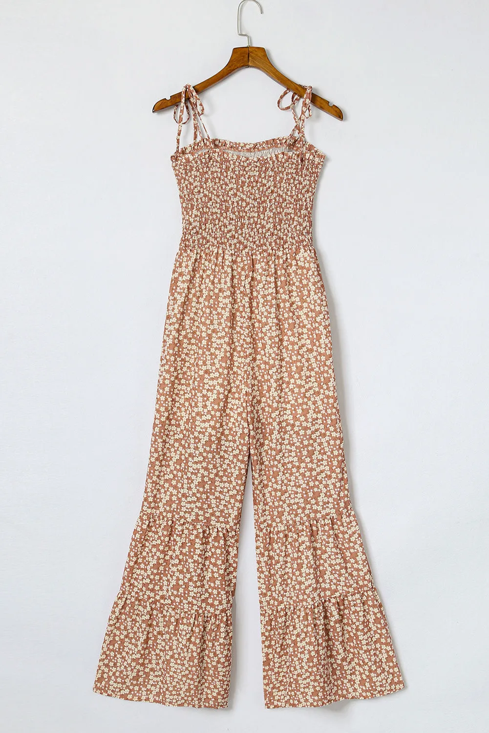 Phalaenopsis Floral Thin Straps Smocked Bodice Wide Leg Jumpsuit