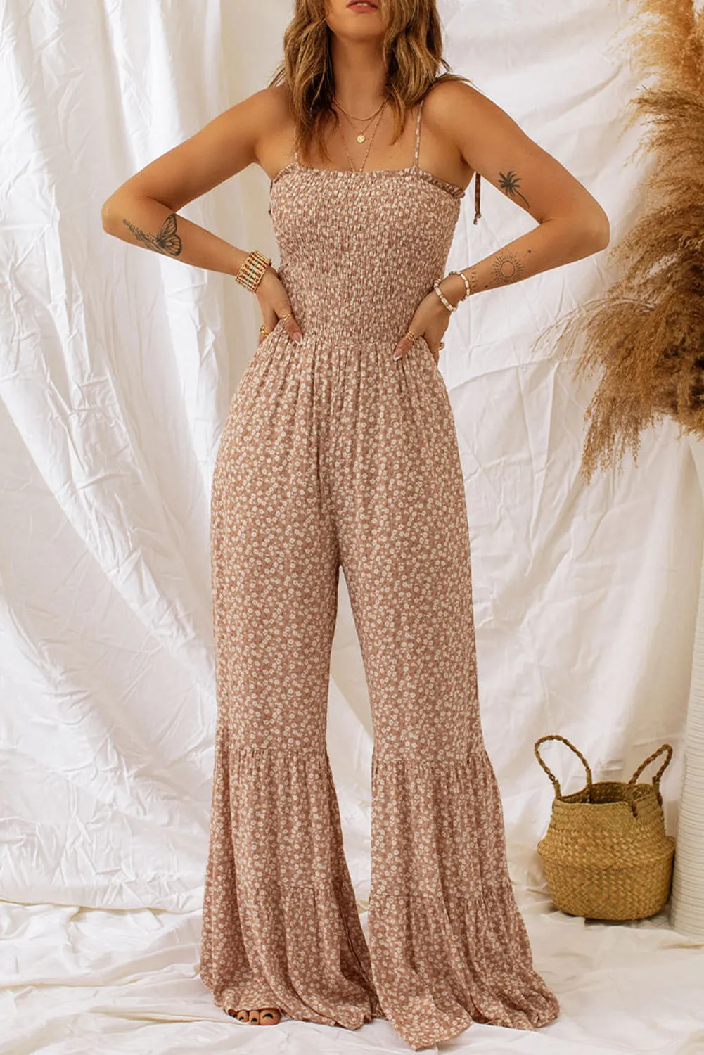 Phalaenopsis Floral Thin Straps Smocked Bodice Wide Leg Jumpsuit