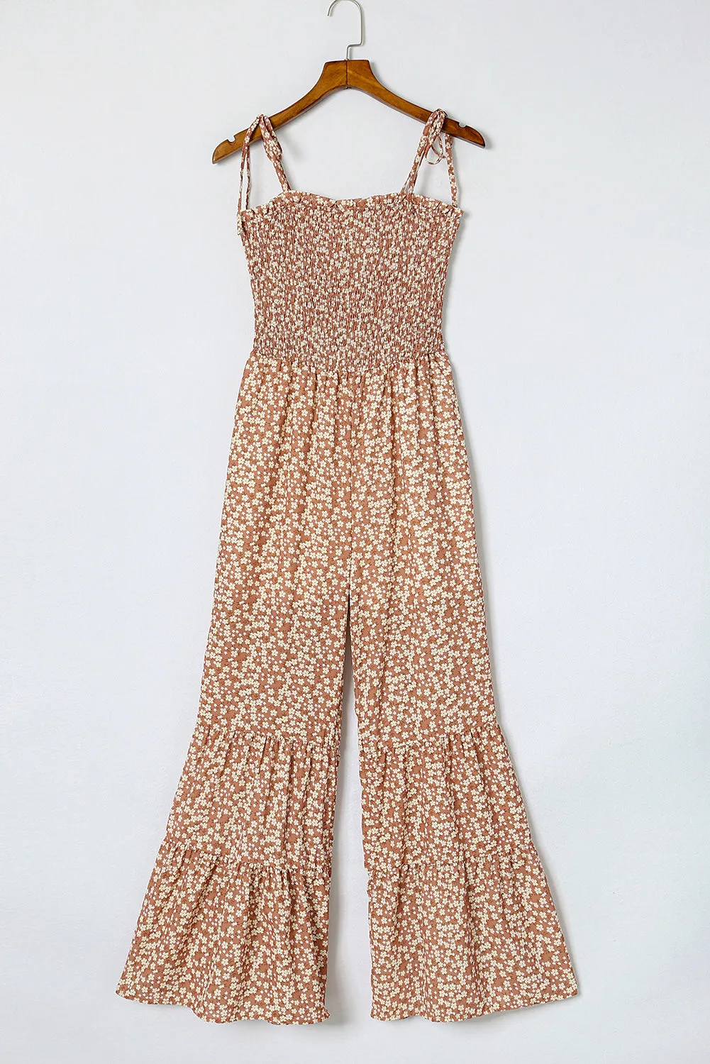 Phalaenopsis Floral Thin Straps Smocked Bodice Wide Leg Jumpsuit