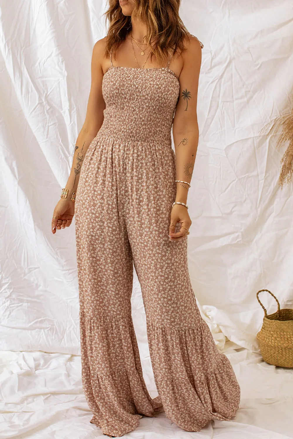 Phalaenopsis Floral Thin Straps Smocked Bodice Wide Leg Jumpsuit