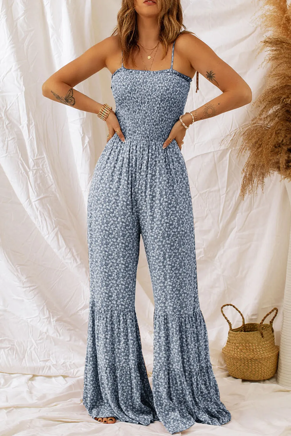 Phalaenopsis Floral Thin Straps Smocked Bodice Wide Leg Jumpsuit