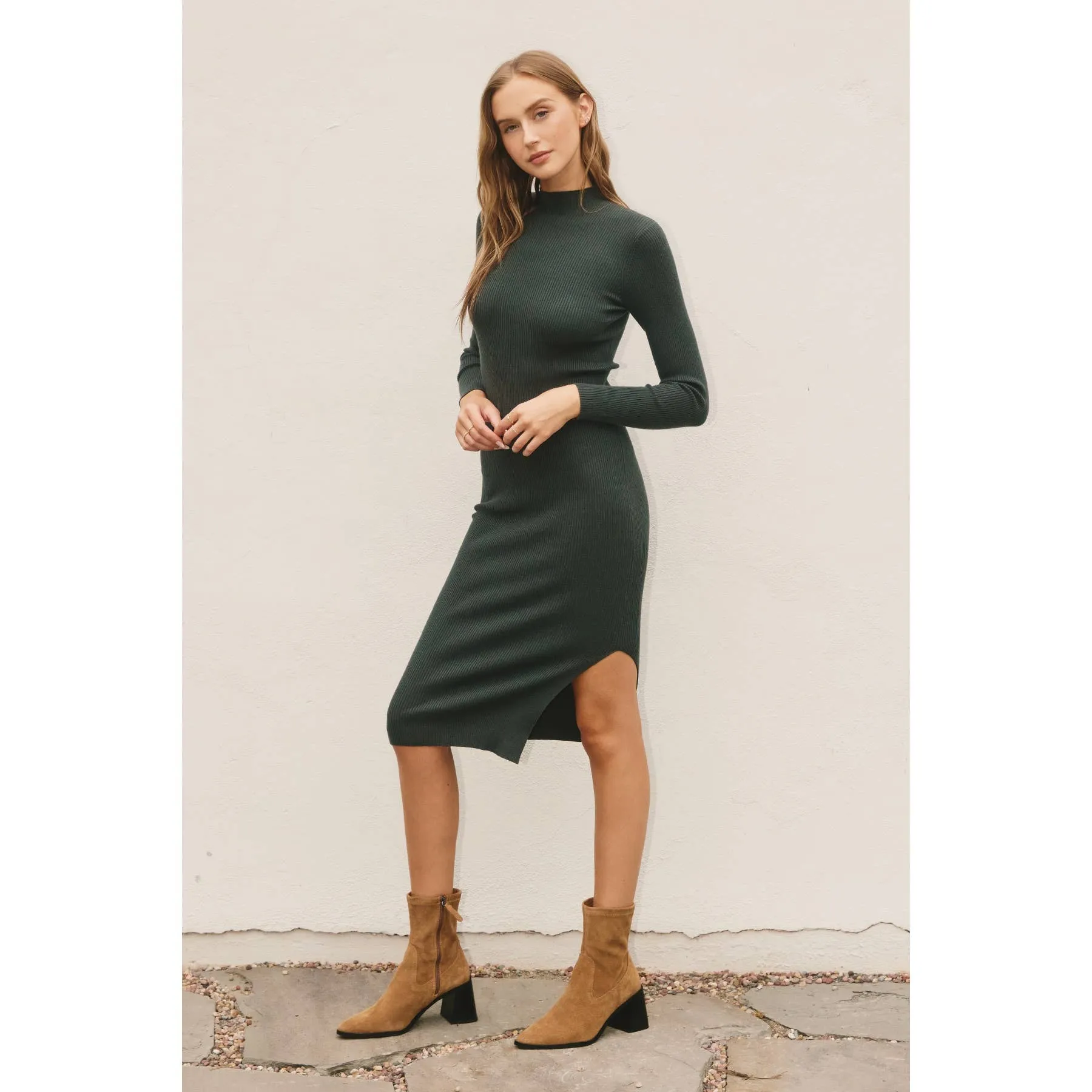 Pine Green Ribbed Knit Mock Neck Dress