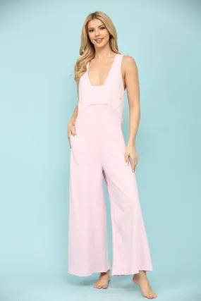 Pink Cotton Sleeveless Detail Line Wide Jumpsuit