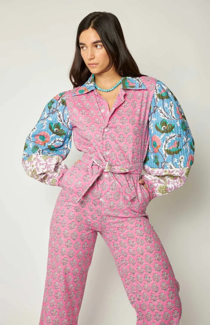 Pink Printed Patchwork Belt Jumpsuit