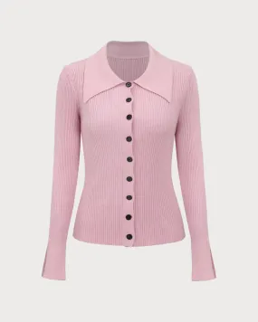 Pink Ribbed Button Slim Cardigan