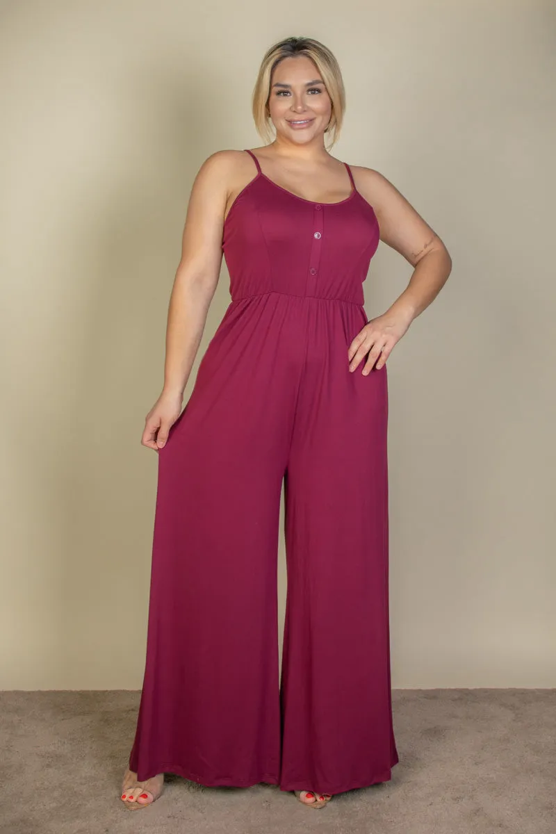 Plus Size Button Front Wide Leg Jumpsuit