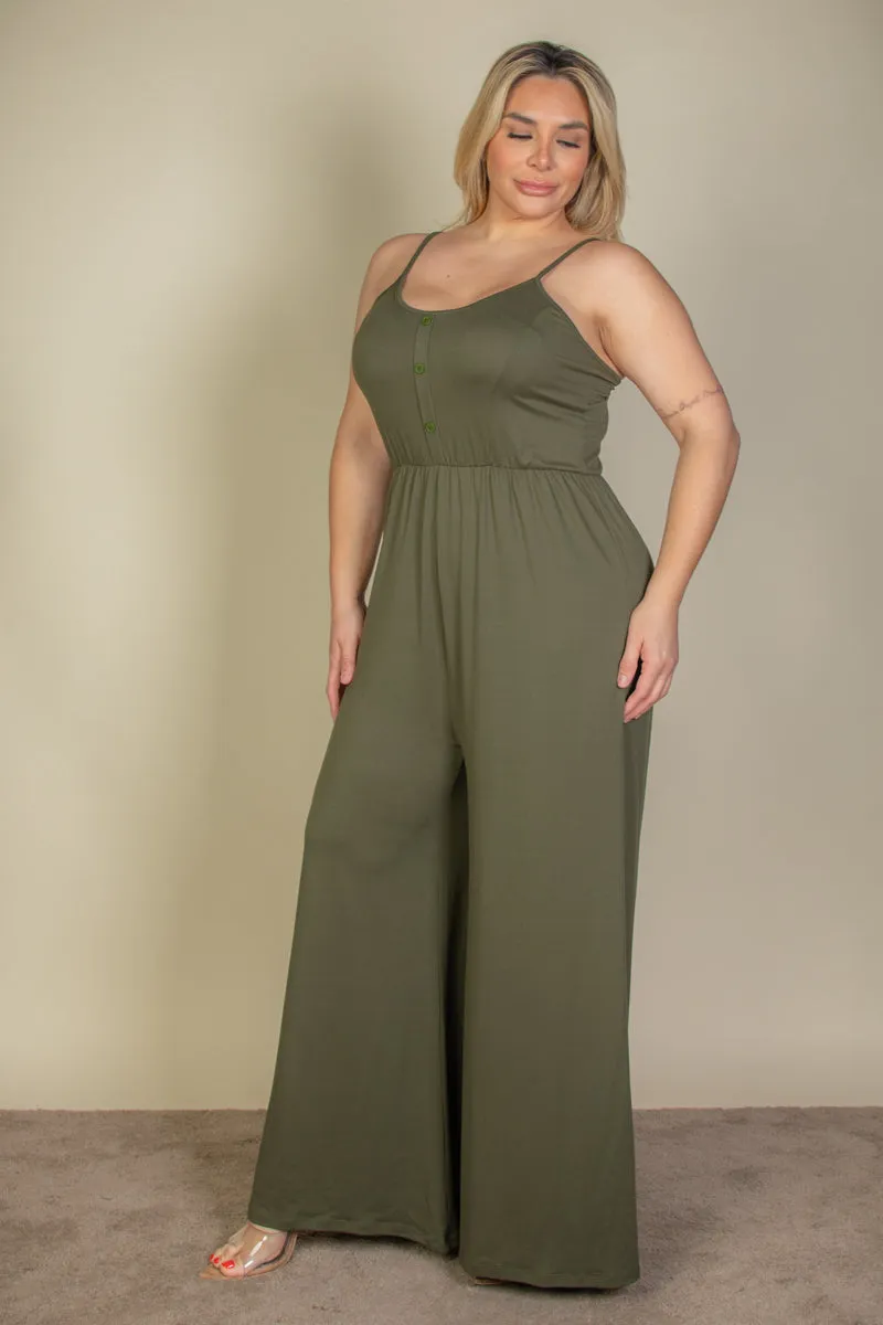 Plus Size Button Front Wide Leg Jumpsuit