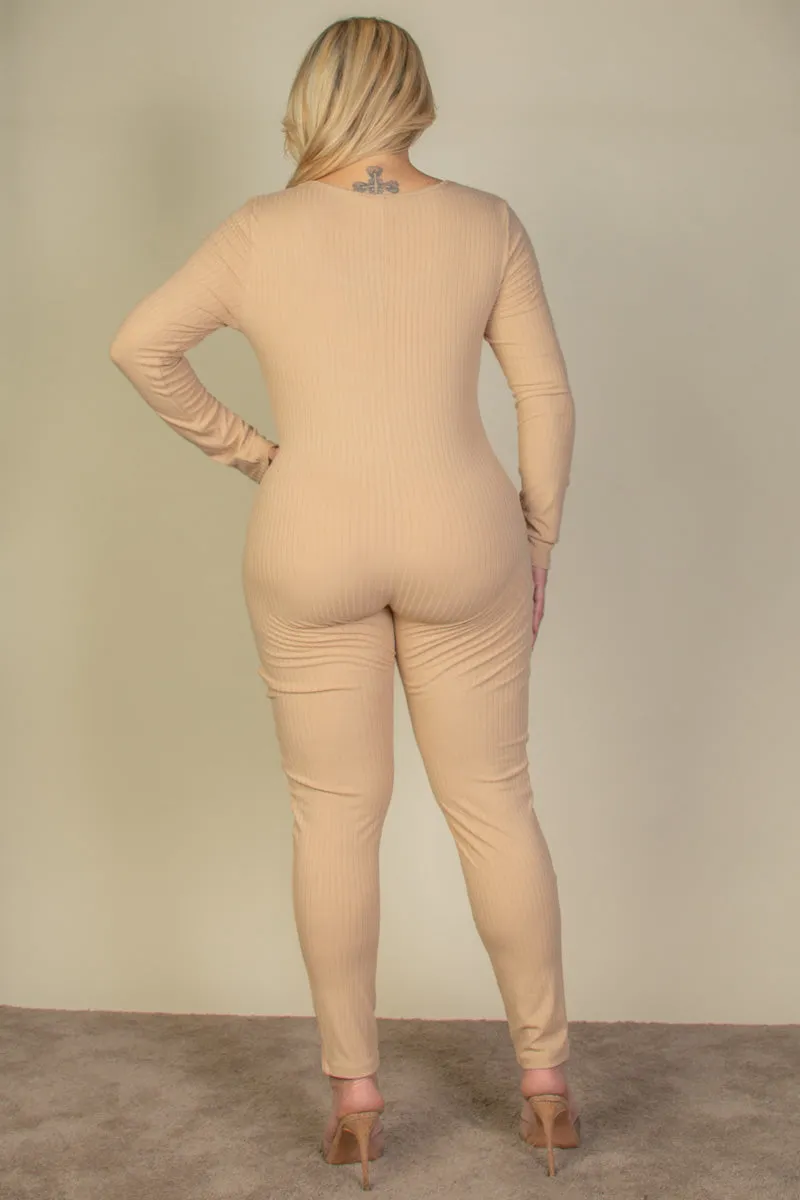 Plus Size Ribbed Scoop Neck Long Sleeve Jumpsuit (CAPELLA)