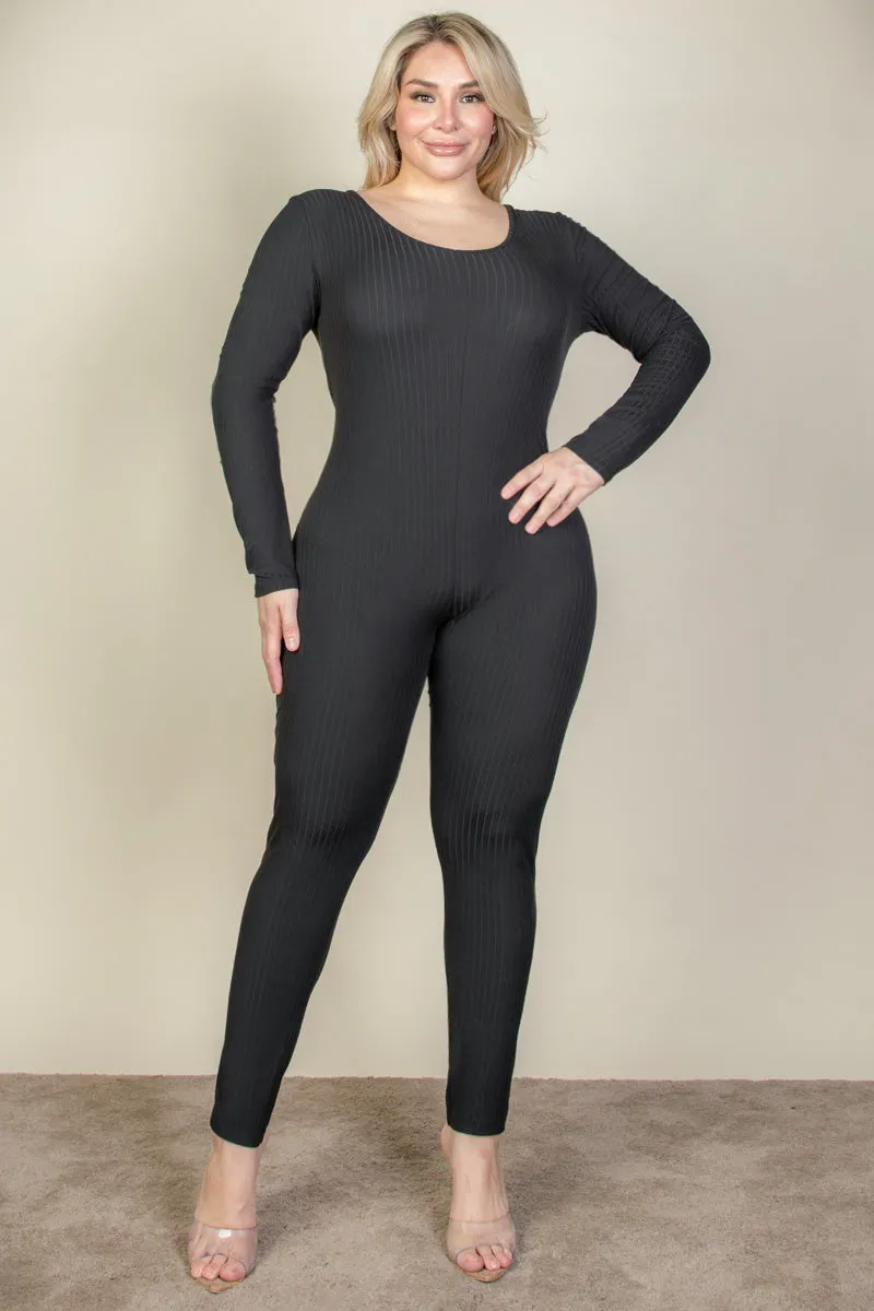 Plus Size Ribbed Scoop Neck Long Sleeve Jumpsuit (CAPELLA)