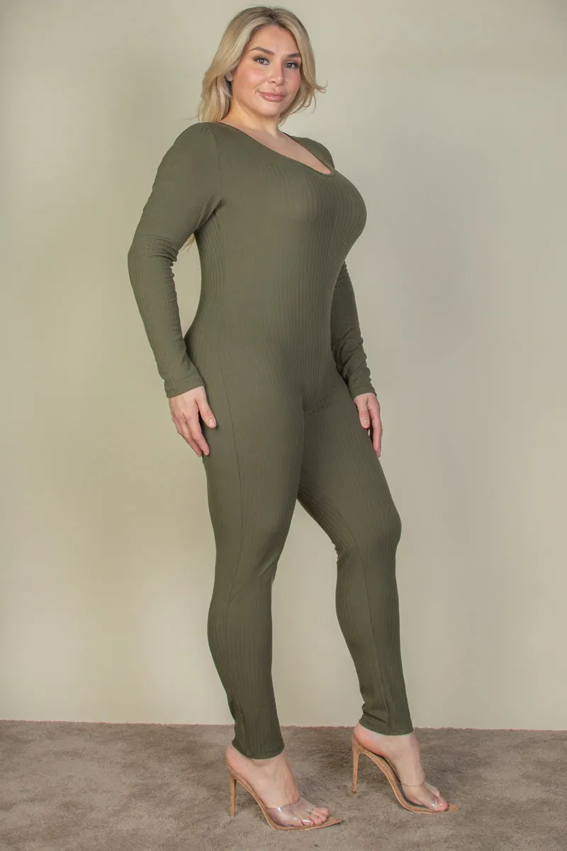 Plus Size Ribbed Scoop Neck Long Sleeve Jumpsuit (CAPELLA)