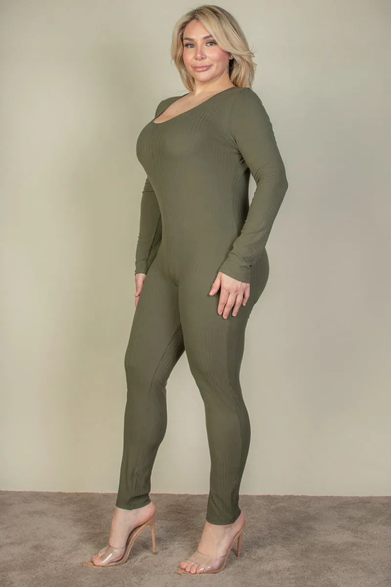 Plus Size Ribbed Scoop Neck Long Sleeve Jumpsuit (CAPELLA)