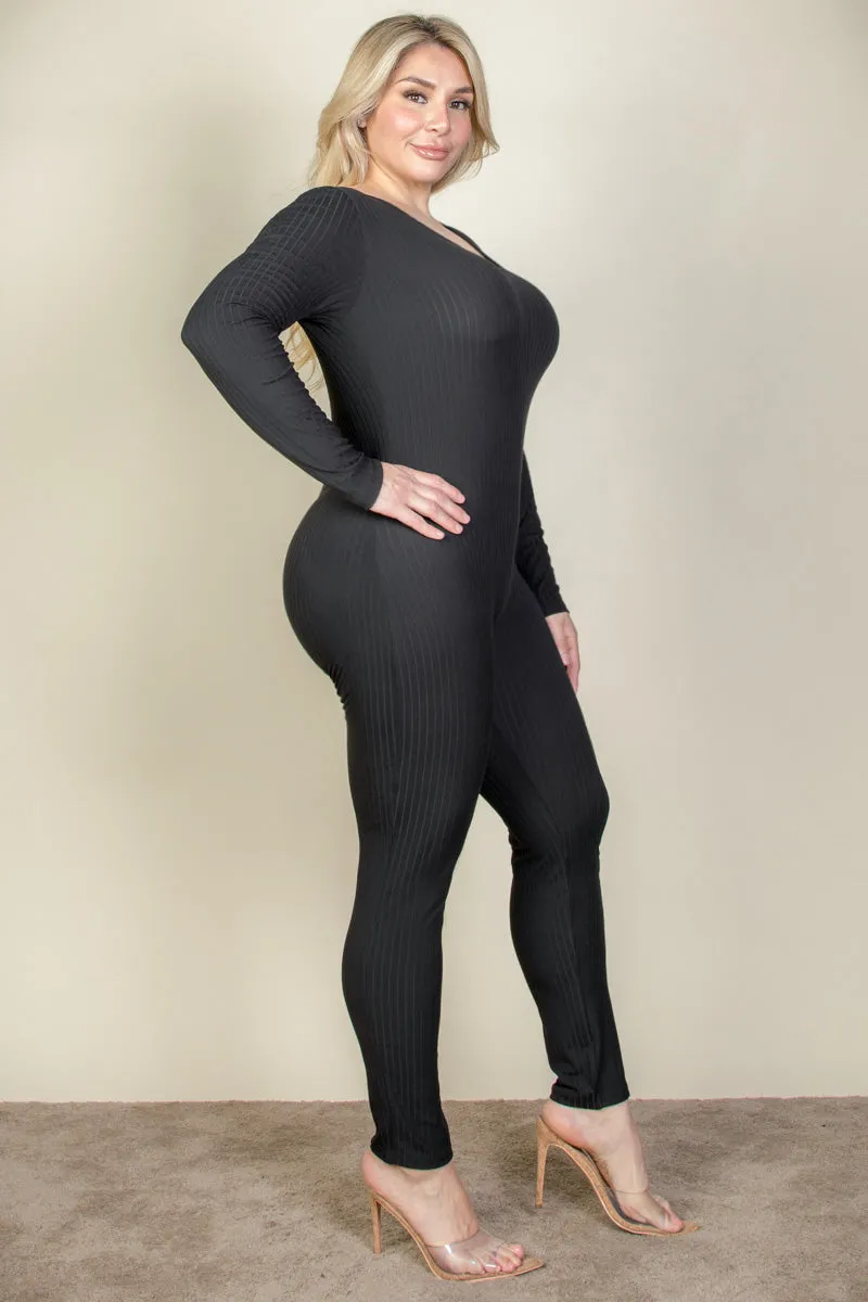 Plus Size Ribbed Scoop Neck Long Sleeve Jumpsuit (CAPELLA)