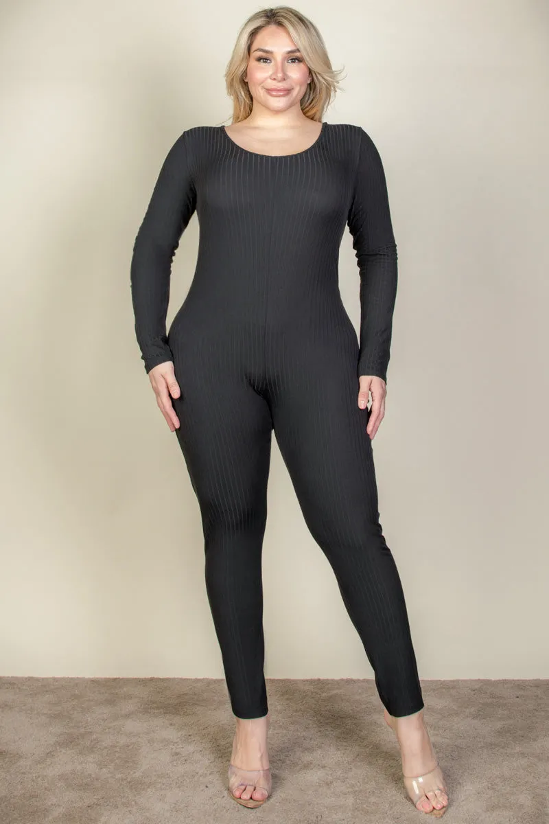 Plus Size Ribbed Scoop Neck Long Sleeve Jumpsuit (CAPELLA)