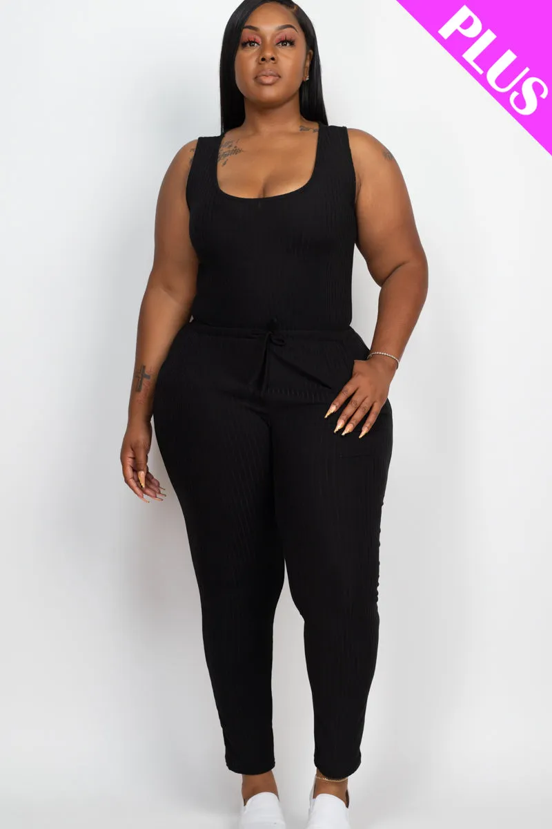 Plus Size Ribbed Sleeveless Drawstring Jumpsuit