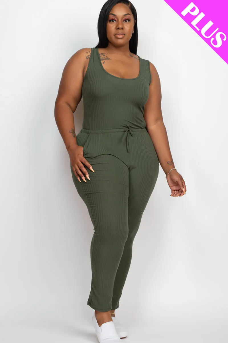 Plus Size Ribbed Sleeveless Drawstring Jumpsuit