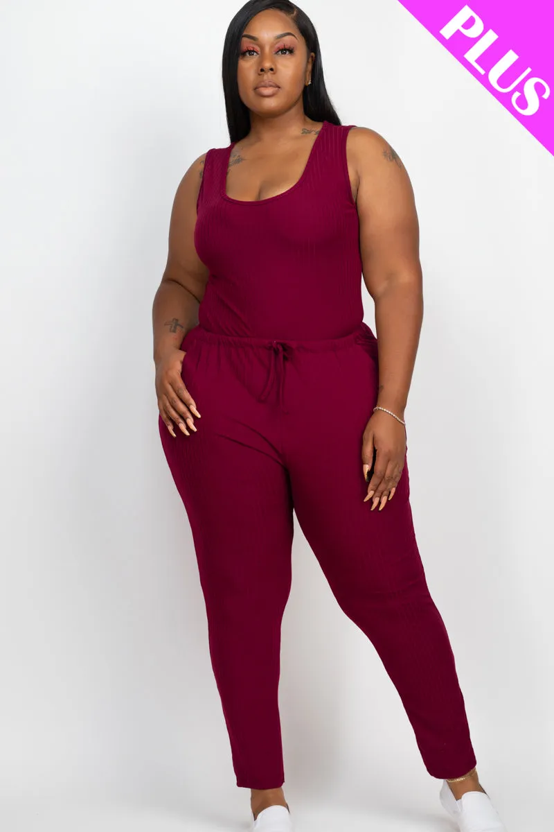 Plus Size Ribbed Sleeveless Drawstring Jumpsuit