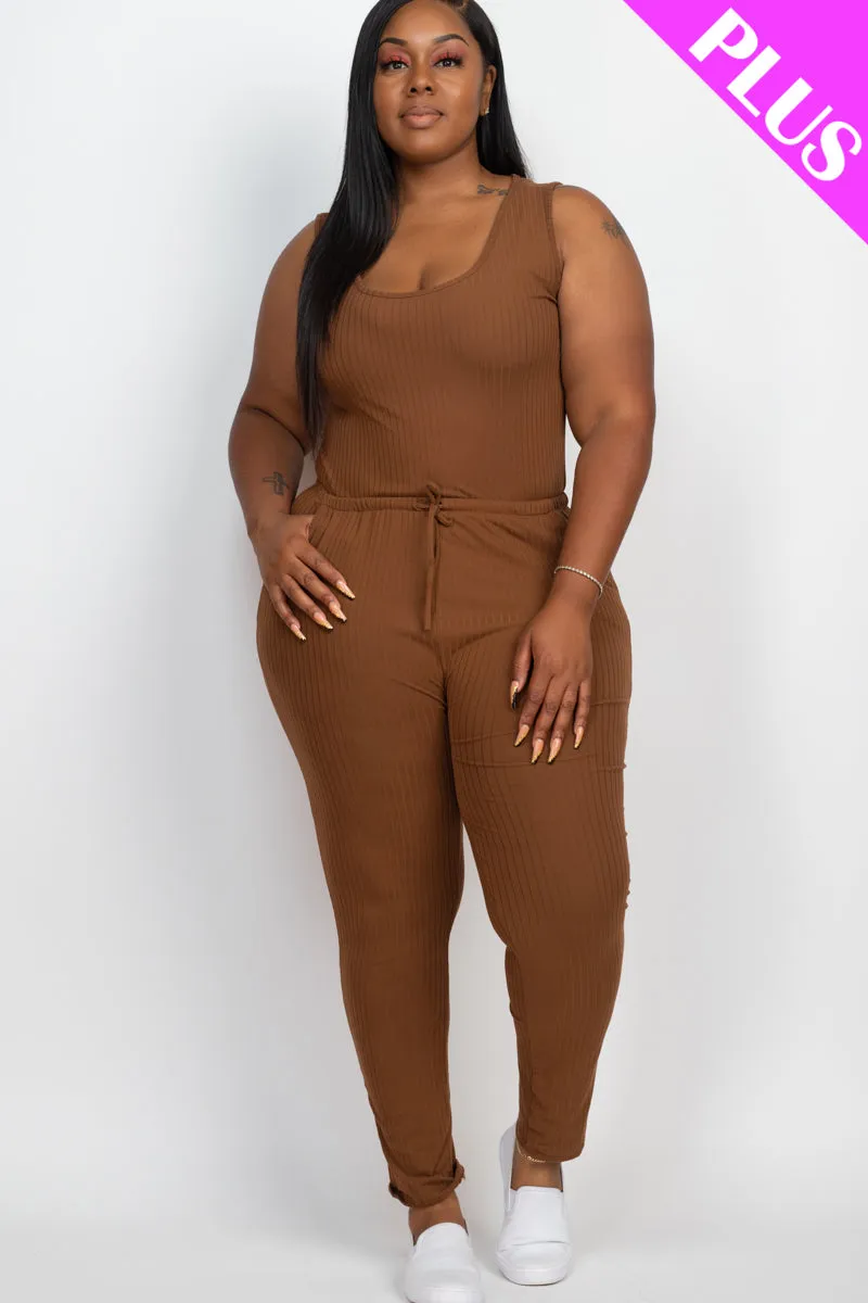 Plus Size Ribbed Sleeveless Drawstring Jumpsuit