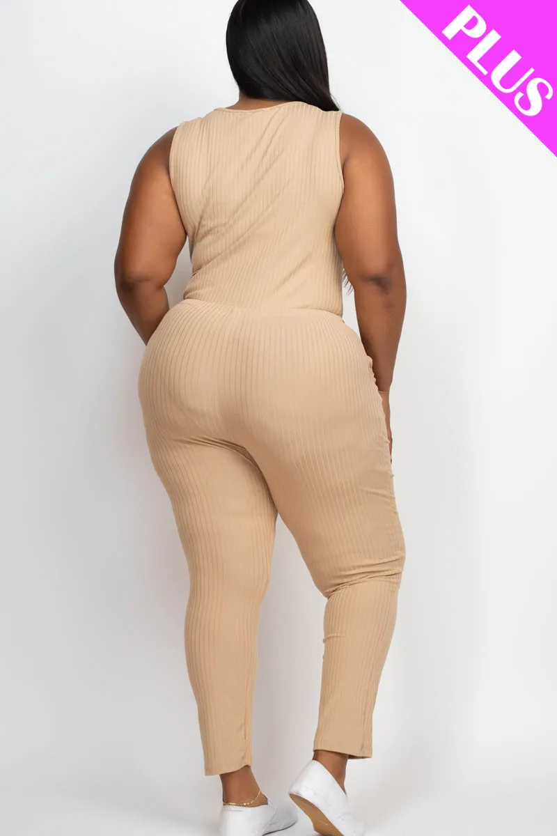 Plus Size Ribbed Sleeveless Drawstring Jumpsuit