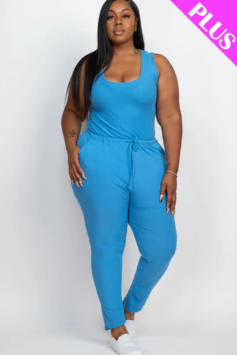 Plus Size Ribbed Sleeveless Drawstring Jumpsuit