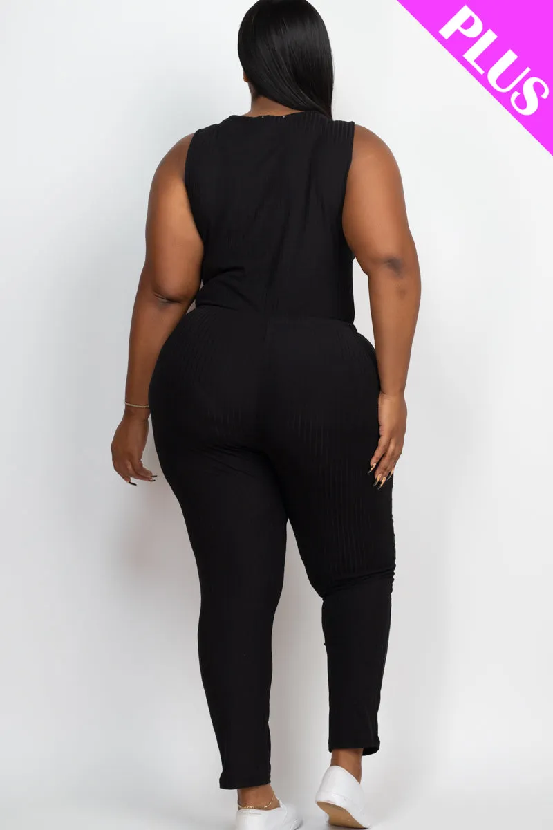 Plus Size Ribbed Sleeveless Drawstring Jumpsuit