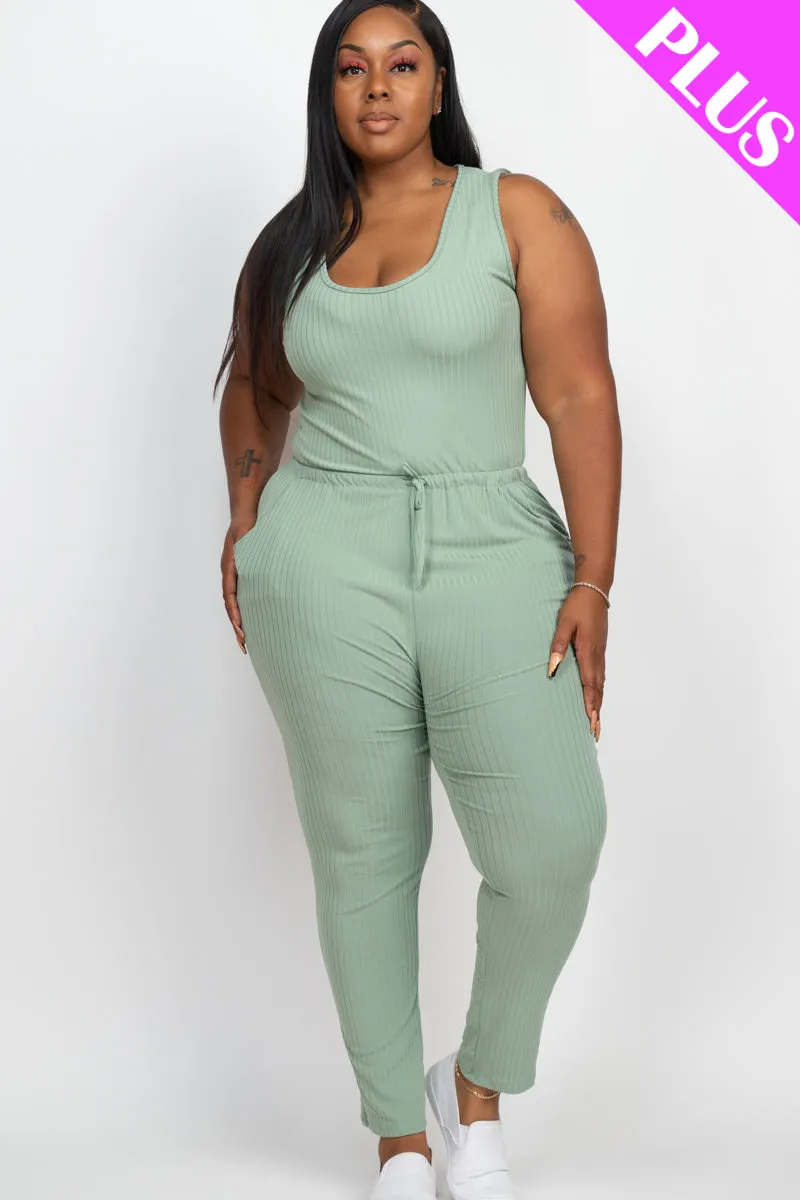 Plus Size Ribbed Sleeveless Drawstring Jumpsuit