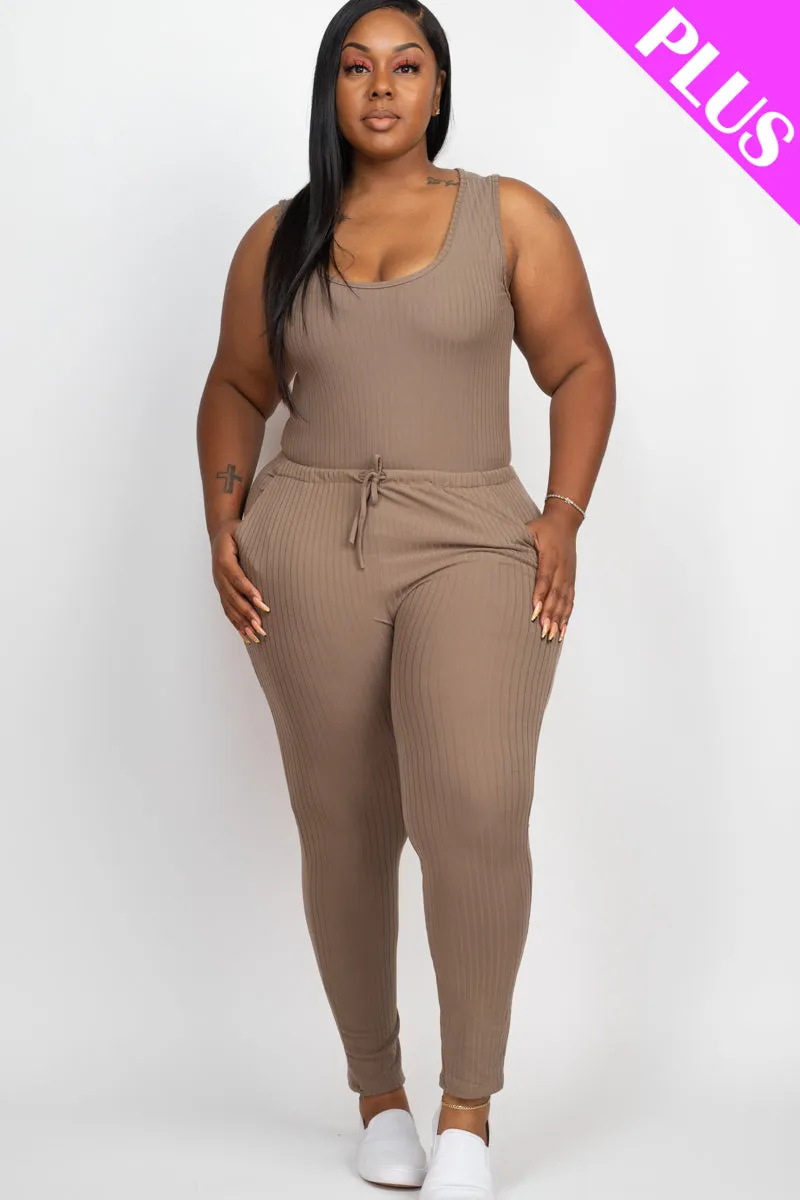 Plus Size Ribbed Sleeveless Drawstring Jumpsuit