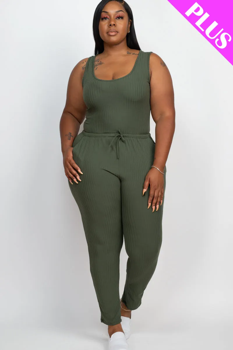 Plus Size Ribbed Sleeveless Drawstring Jumpsuit