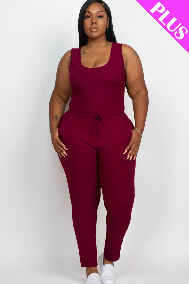 Plus Size Ribbed Sleeveless Drawstring Jumpsuit