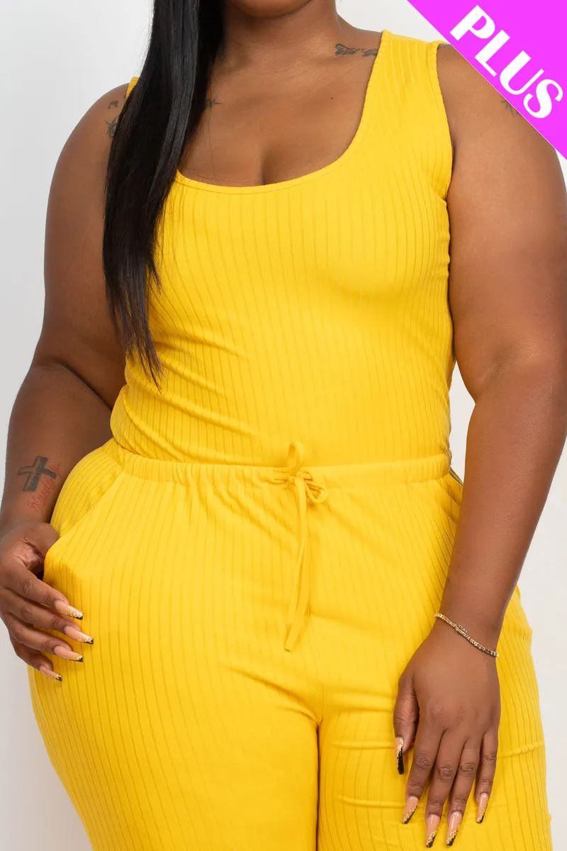 Plus Size Ribbed Sleeveless Drawstring Jumpsuit