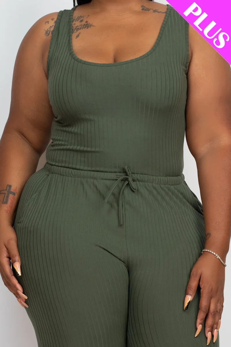 Plus Size Ribbed Sleeveless Drawstring Jumpsuit