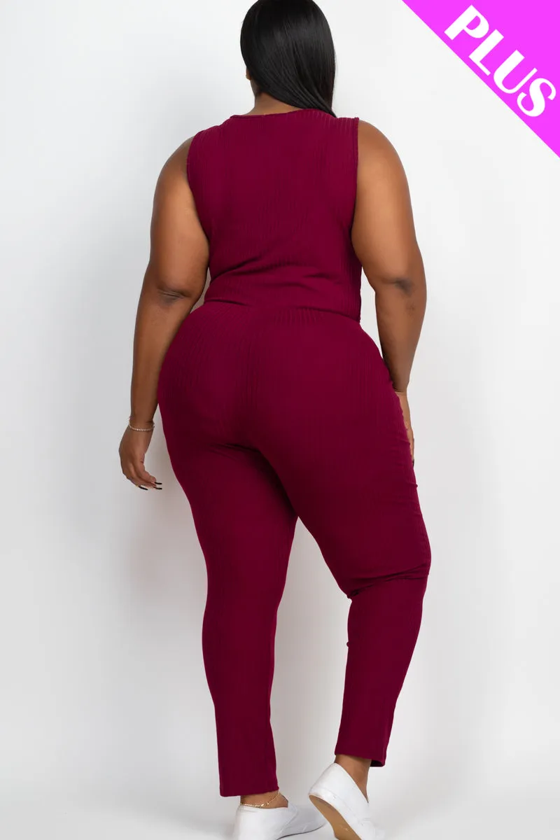 Plus Size Ribbed Sleeveless Drawstring Jumpsuit