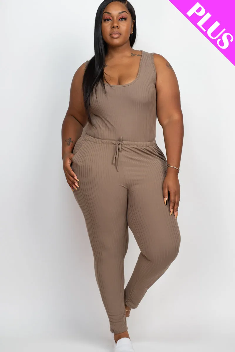 Plus Size Ribbed Sleeveless Drawstring Jumpsuit