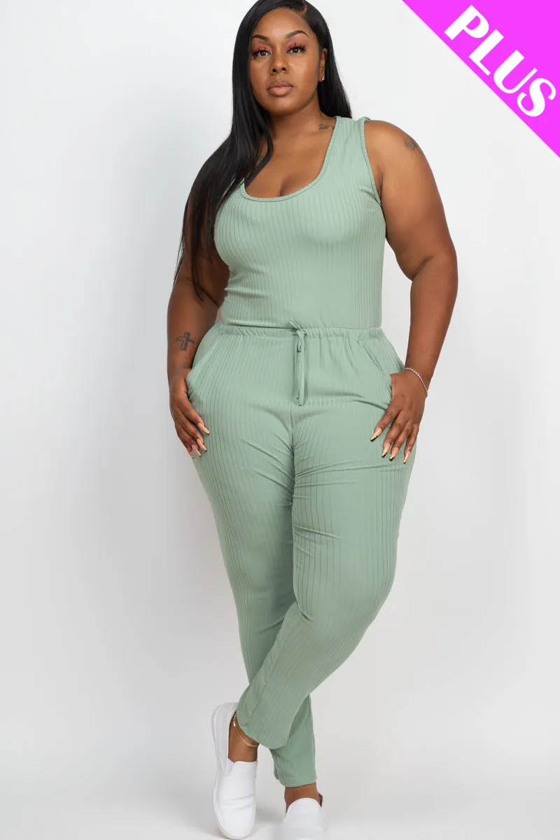 Plus Size Ribbed Sleeveless Drawstring Jumpsuit